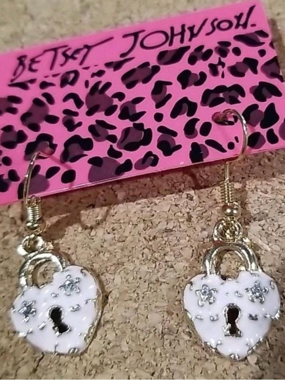 Betsey Johnson Gold-Tone White Heart Lock Drop Earrings